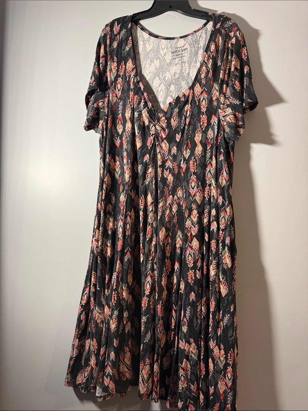 torrid Black Midi Dress with Coral and Cream Geo Print